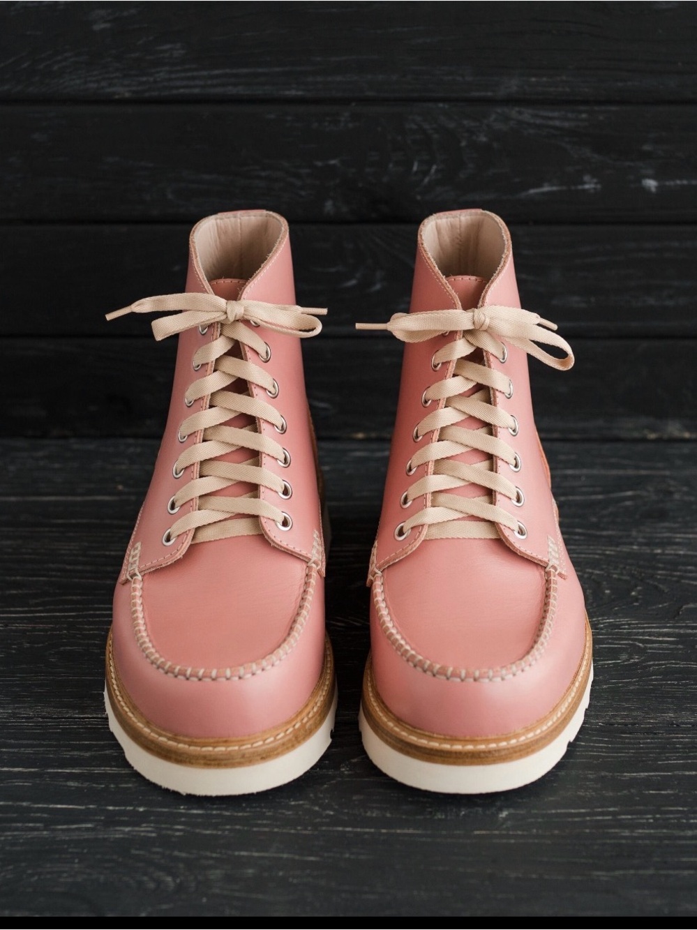 Hand Made Pink Lace-Up Moc Toe Boots 
by Wolf and Beard for Women or Men